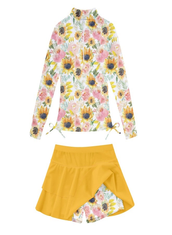 Vogseek Big Girl's Yellow Sunflower Swimsuits 8-10 Kids Long Sleeve Bathing Suit with Rash Guard Skirts Shorts for Girls 9 Years Sun Protection 2PCS Sporty Swimming Sets Size 8 Children Beach Swimwear Shirts - Image 1